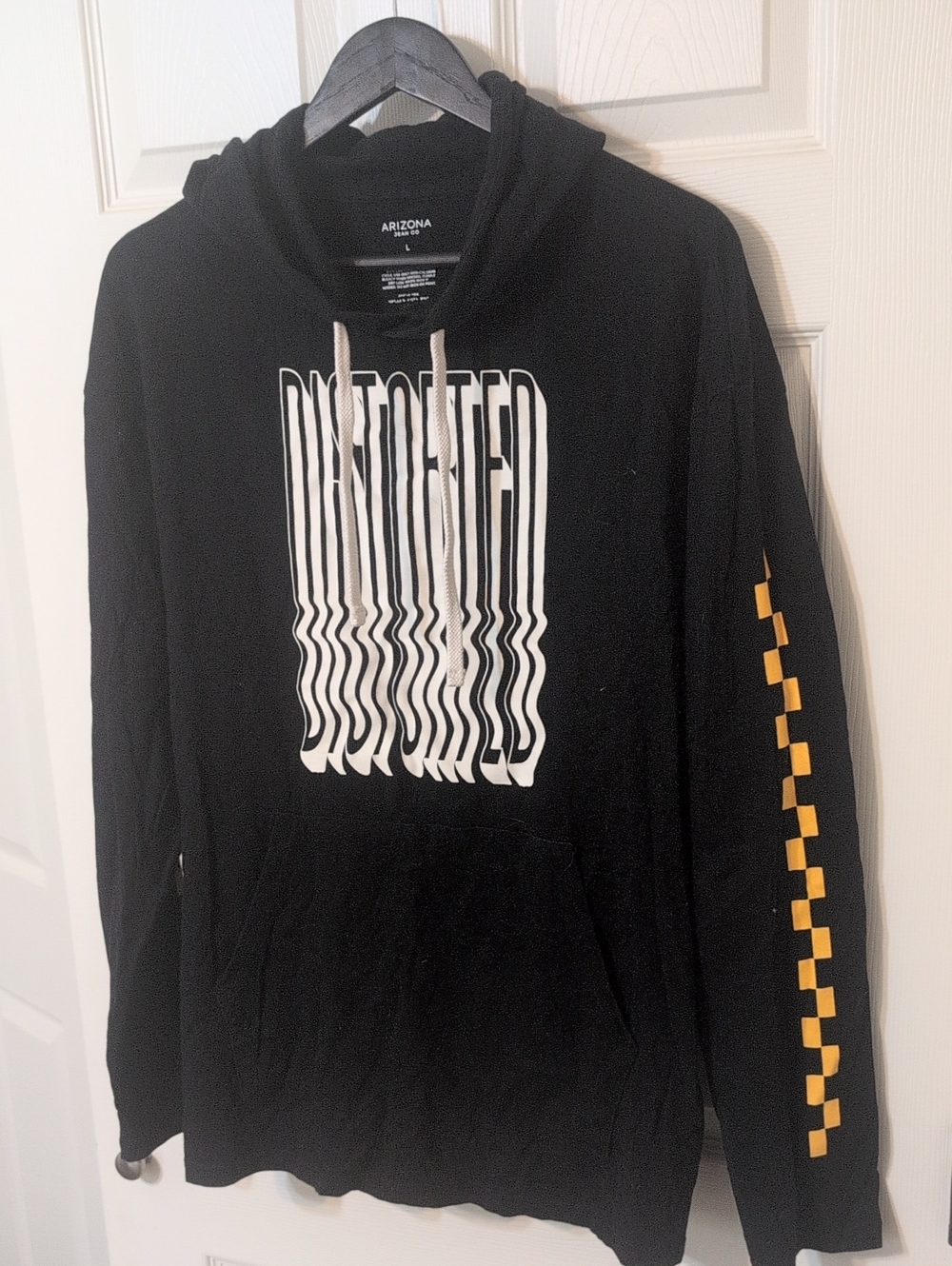 Arizona Jean Company Black Hoodie with White Graphic and Yellow Sleeve Accents